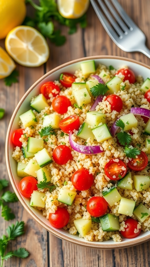 A colorful quinoa cucumber salad with cucumbers, cherry tomatoes, red onion, and parsley in a bowl on a wooden table.